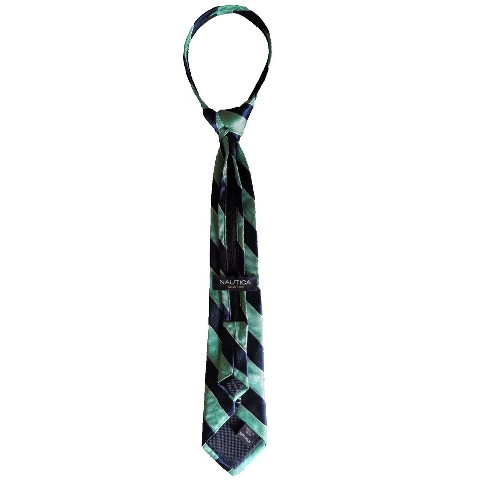 Nautica Children's 100% Silk Blue/Green Striped Zipper Neck Tie Nautical Preppy